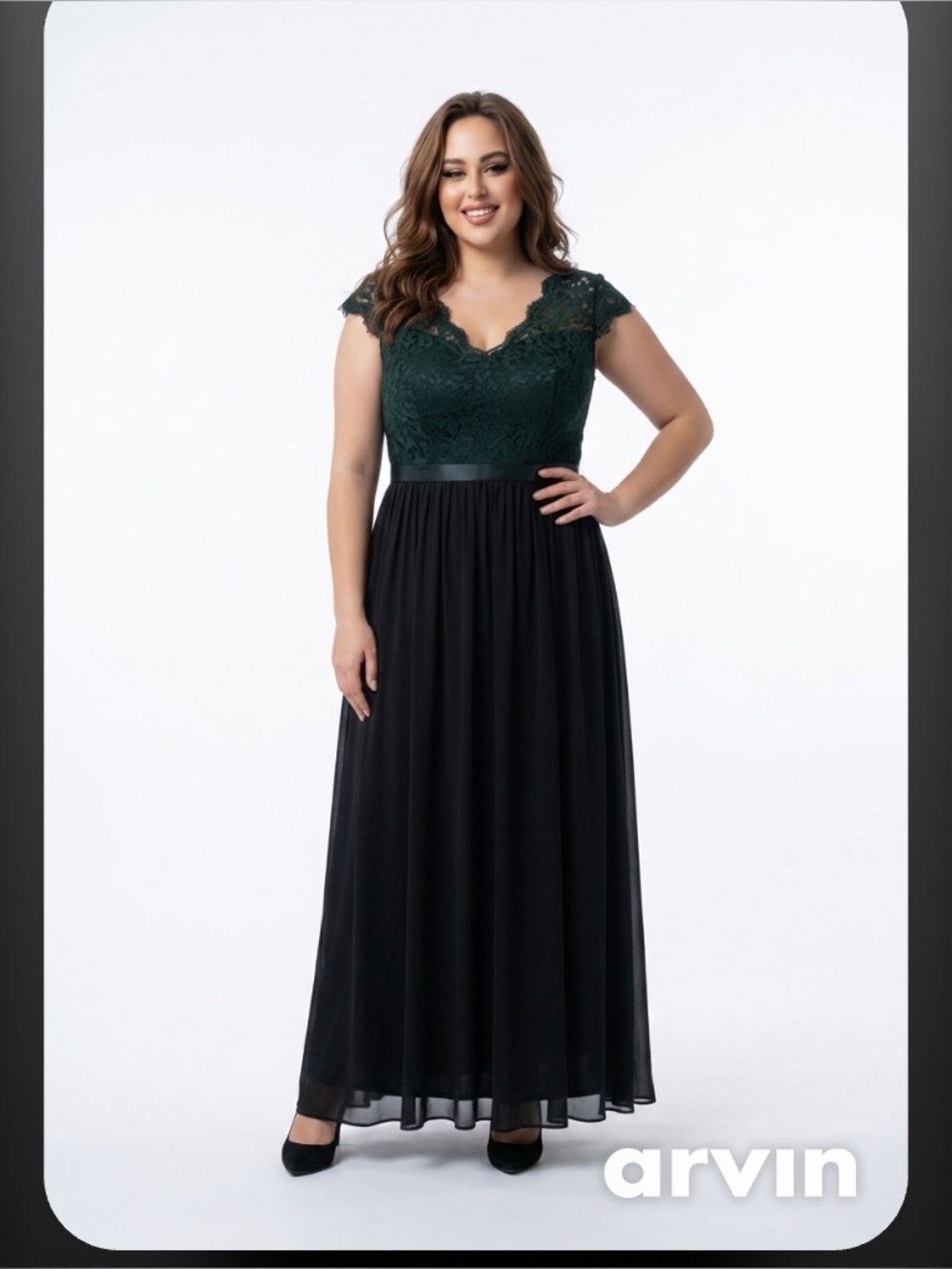 Azazie Emerald black Lace & Black Chiffon Maxi Dress